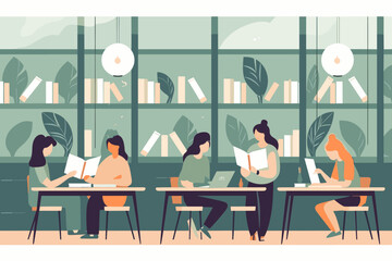 Education and Knowledge Concept, Students Learning in Classroom, Online Education and E-Learning, University and School Vector Scene. - obrazy, fototapety, plakaty