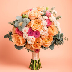 Fototapeta premium a bouquet of beautiful fresh flowers, a gift, decoration for holidays, birthday, wedding, valentine's day, women's day. the peach color of the year. artificial intelligence generator, AI, neural netwo