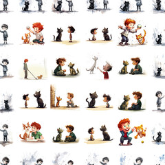 Fototapeta premium Seamless background with cute images of a red boy and a red cat in different life situations. Watercolor illustration for wallpaper, fabric, wrapping paper.