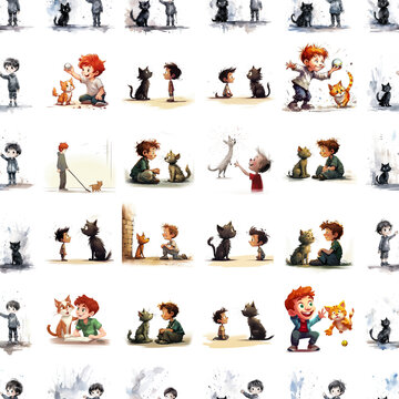 Seamless background with cute images of a red boy and a red cat in different life situations. Watercolor illustration for wallpaper, fabric, wrapping paper.