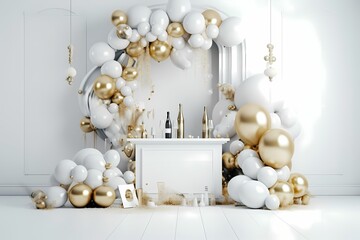 Fototapeta na wymiar Siler and Gold Theme Balloons and a lot of present Luxury Birthday on Pastel Backdrop