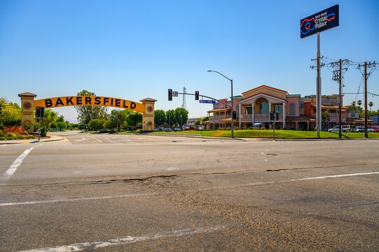 Bakersfield, California, USA - June 04, 2023 : Bakersfield welcome sign over the road on a clear day. It is one of the most recognizable landmarks in Bakersfield.