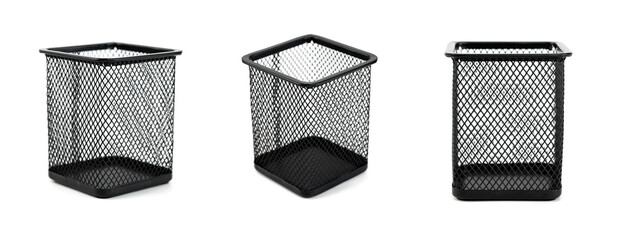 Isolated group of black metal pen holder standing on white background. Square shape empty pen...