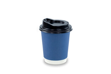 Empty paper cup for coffee made from biodegradable blue paper isolated on a white background with clipping path. Isolated object, template for advertising.