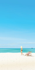 Tropical blue sea with beach, chair and blonde hair girl vector illustration vertical shape . Seascape have blank space.
