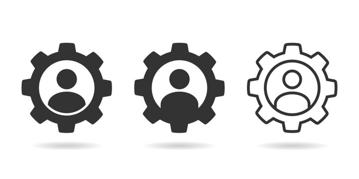 Man in gear icon. Man and cog sign. Management illustration black icon