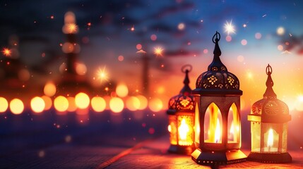 Fototapeta na wymiar Traditional Lanterns Illuminating the Night During Ramadan Eid Celebrations