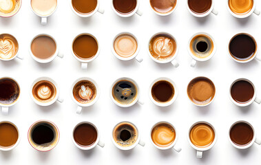 Obraz premium Top view, selection of many different coffees including black, cappuccino, latte on white table, flat lay