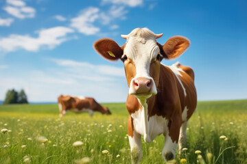 Naklejka na ściany i meble Cute cow grazing on green grass in a sunny meadow
