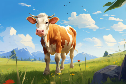 Cute cow grazing on green grass in a sunny meadow