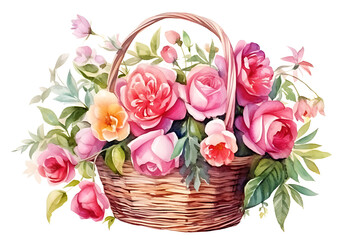 watercolor realistic painting basket of mix rose flower on white background.