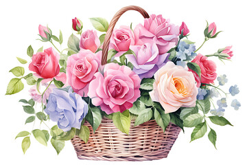 watercolor realistic painting basket of mix rose flower on white background.
