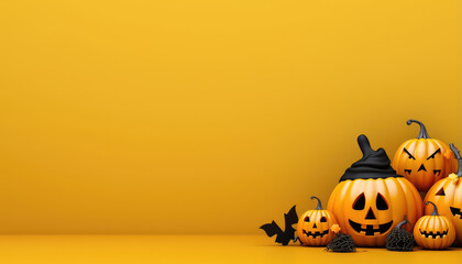 Cute pumpkins and halloween objects in front of orange wall background with copy space