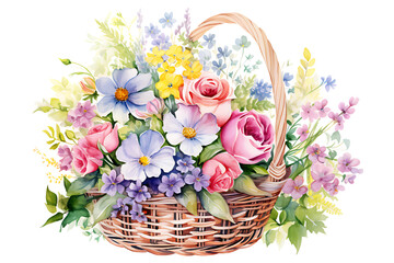 Fototapeta na wymiar watercolor realistic painting basket of mix rose flower on white background.