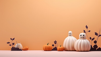 Cute pumpkins and halloween objects in front of orange wall background with copy space