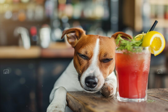 Happy dog having cocktails. funny cool dog and cocktails at the bar. Photo portrait of a realistic happy dog sitting in a cafe with a fresh cocktail on summer vacation, relax vibe concept. Dog friendl