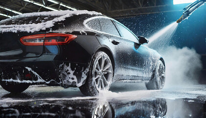 Closeup of a modern black car in a car wash with foam and water jet. High pressure cleaning machine. Generative Ai. - obrazy, fototapety, plakaty