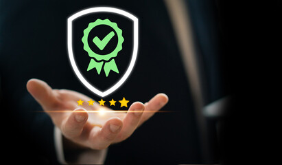 Business hand holding with the sign of the top service Quality assurance, Guarantee, Standards, ISO certification and standardization concept, online shopping, satisfaction, service experience