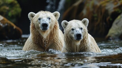 Two polar bears sparring in sunlit icy waters, with water droplets in the air