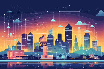 Emerging Technology and Innovation Concept, Internet of Things and Smart City Illustration, Connected Devices and Digital Transformation in Urban Environment - obrazy, fototapety, plakaty