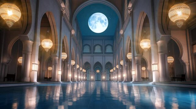 The vision from inside the mosque looks at the moon is beautiful. Seamless looping 4k time-lapse virtual video animation background