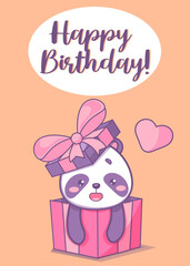 Cute panda in the present box Happy birthday postcard
