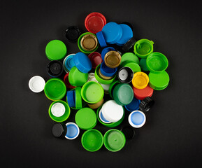 Plastic Bottle Caps Pile. Recycling HDPE Material Group, Circle Polyethylene Lid Set, Colorful Caps Group