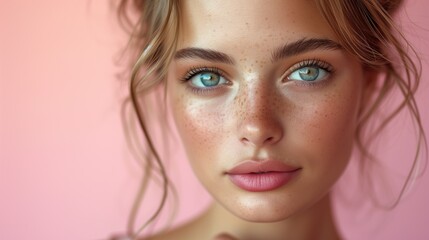 Fototapeta premium Model woman with ideal skin and facial oval, monochrome beige and pink background, studio environment