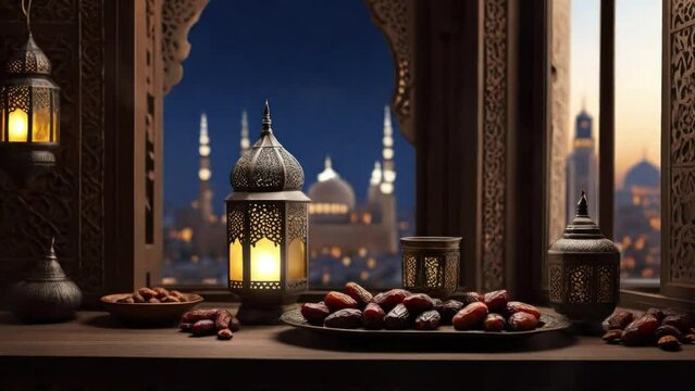 Delicious dried sweet dates in plate with latern in ramadan night and mosque background, footage loop 4k animation 