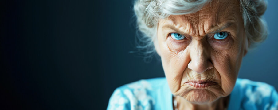 Angry belligerent senior woman looking at the camera.