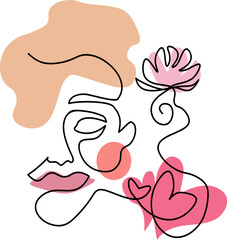 Obraz premium Continuous one simple single abstract line drawing of woman face and flowers icon. Linear stylized.