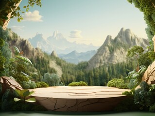 Natural podium product display with leaves tropical forest background