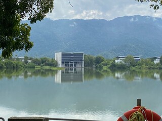 Building reflection on lake