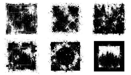 Set of 6 Vector black grunge rough overlay textures. Distressed backgrounds.	