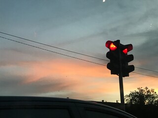 traffic light at sunset