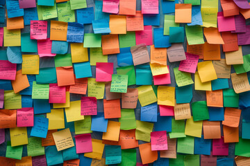 Fototapeta na wymiar visual representation of a gratitude wall filled with empty blank sticky notes, Presentation slide concept using sticky notes isolated in copy space minimal banner, colorful set of blank sticky notes