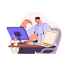 Fototapeta na wymiar Binge eating concept. Busy employee having lunch on workplace. Office worker eats fast food, pizza during work. Overload, overeating problems. Flat isolated vector illustration on white background