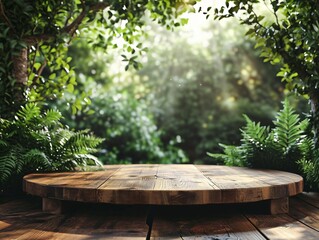 Natural podium product display with leaves tropical forest background