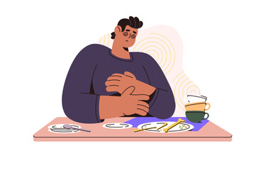 Binge eating concept. Unwell guy suffers from overeating. Sick man feeling bad of consume unhealthy food. Nutrition problems. Diet disorder. Flat isolated vector illustration on white background