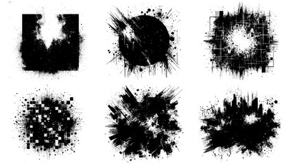 Set of 6 Vector black grunge rough overlay textures. Distressed backgrounds.	