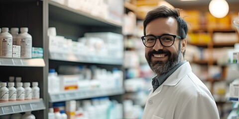 Fototapeta na wymiar Smiling pharmacist standing in aisle surrounded by medicines. professional healthcare worker in modern pharmacy. friendly service, health care concept. AI