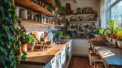 Fototapeta na wymiar Bright and airy kitchen with wooden counters and shelves, filled with utensils and plants