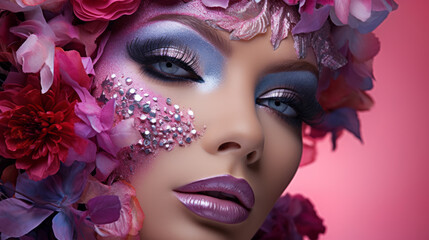 Portrait of a beautiful woman with pink and purple make-up and flowers