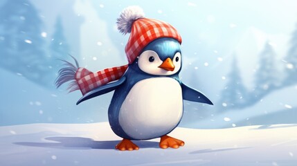 Cute beautiful baby penguin in winter hat and scarf, looking at camera. Winter forest in the background.