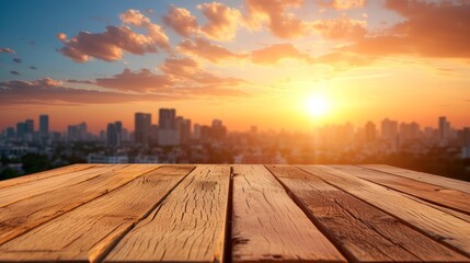 Wooden table at end of working day. Sunset on background of urban landscape. --ar 16:9 --v 6 Job ID: 5d78ac2b-4a34-4a29-b19a-fd510217264f