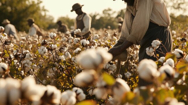 Close up composition of Field workers or slaves meticulously picking cotton in a sunlit field, a scene of agricultural labor