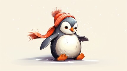 cute beautiful baby penguin in winter hat and scarf walking in the snow