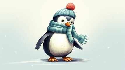 cute beautiful baby penguin in winter hat and scarf walking in the snow
