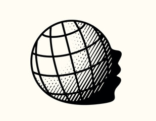 Globe, planet Earth symbol in a form of a human head with a face - shadow. Isolated concept sign of care for nature, social environmental responsibility, etc. Vector graphic, line art engraving style.