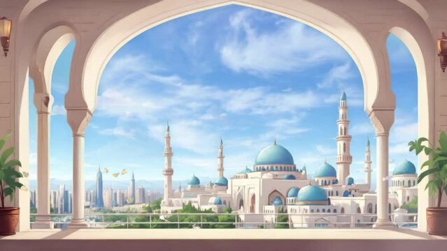 Mosque blue sky near lakes with ramadan kareem atmosphere in balcony view, loop 4k video footage animation 